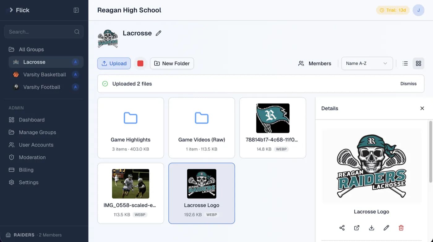 Flick dashboard showing agency file management with client folders and deliverables